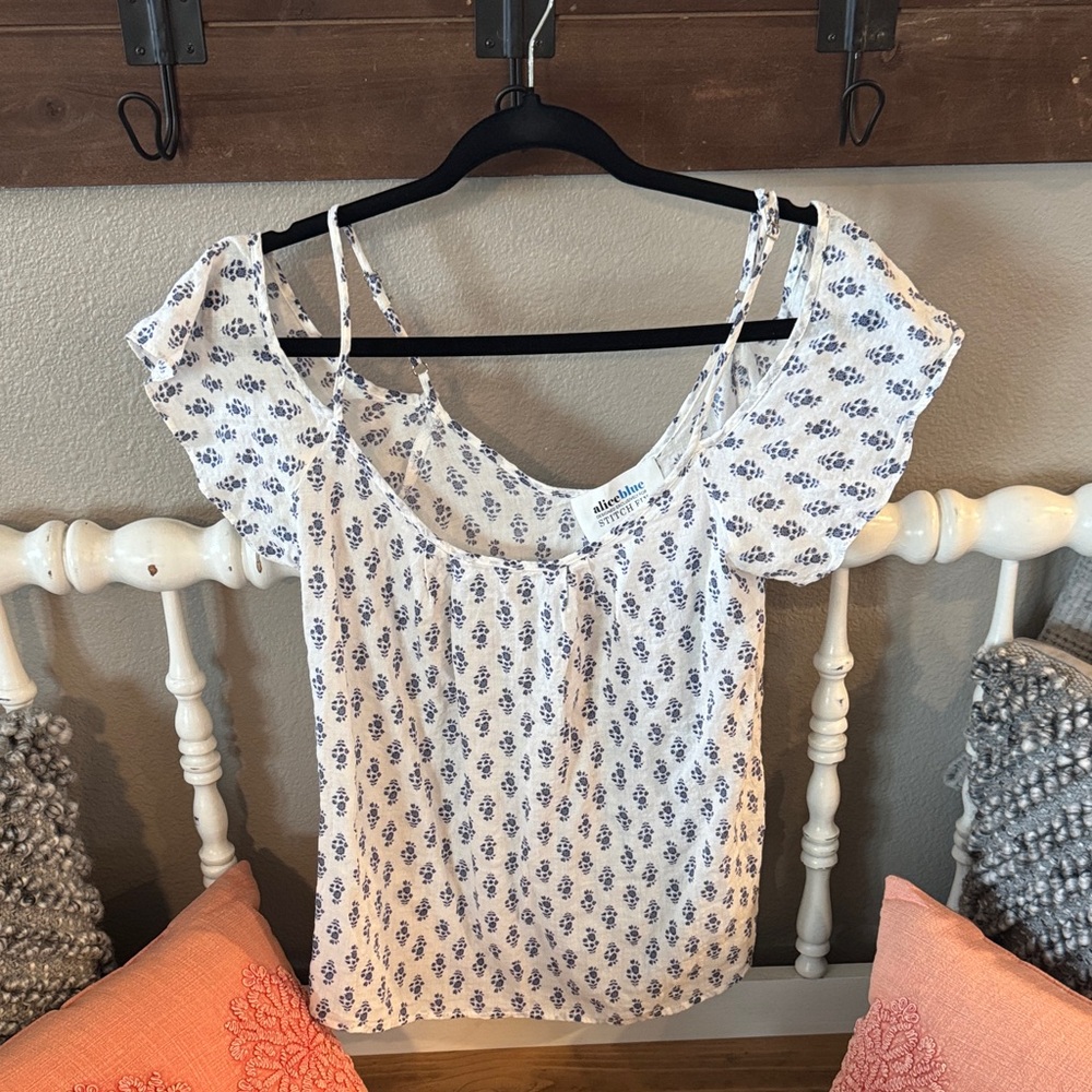 White Top with Blue Floral Print
